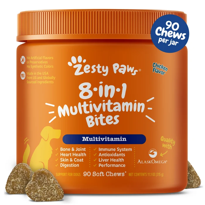 Zesty Paws 8-In-1 Multifunctional Bites Soft Chews Chicken Flavor For Dogs 90pcs