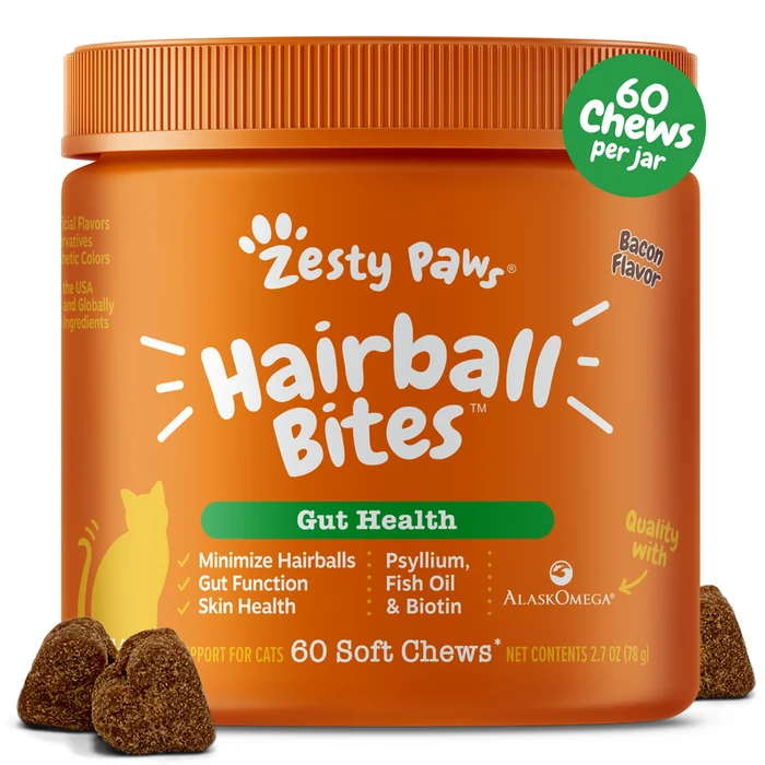 Zesty Paws Hairball Bites Soft Chews Bacon Flavor For Cats 60pcs