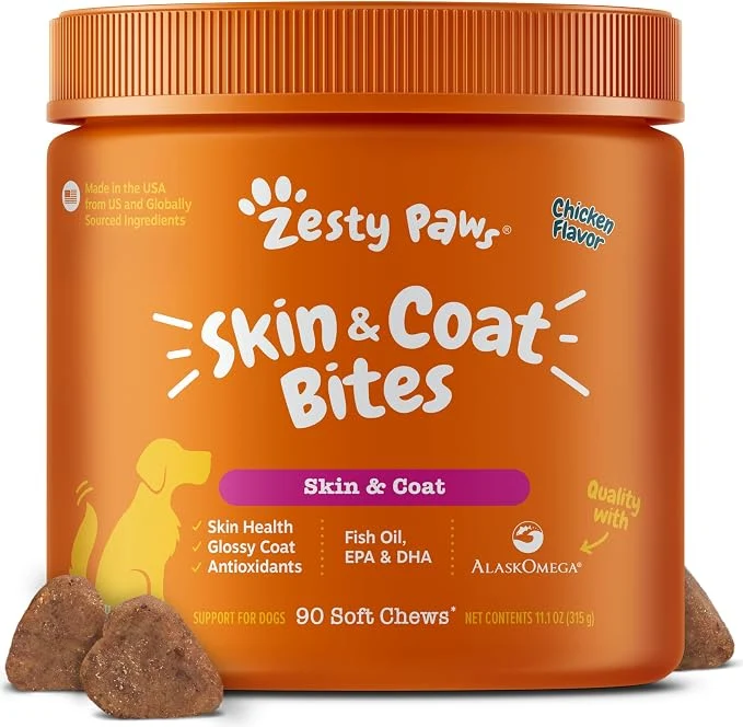 Zesty Paws Skin & Coat Bites Soft Chews Chicken Flavor For Dogs 90pcs
