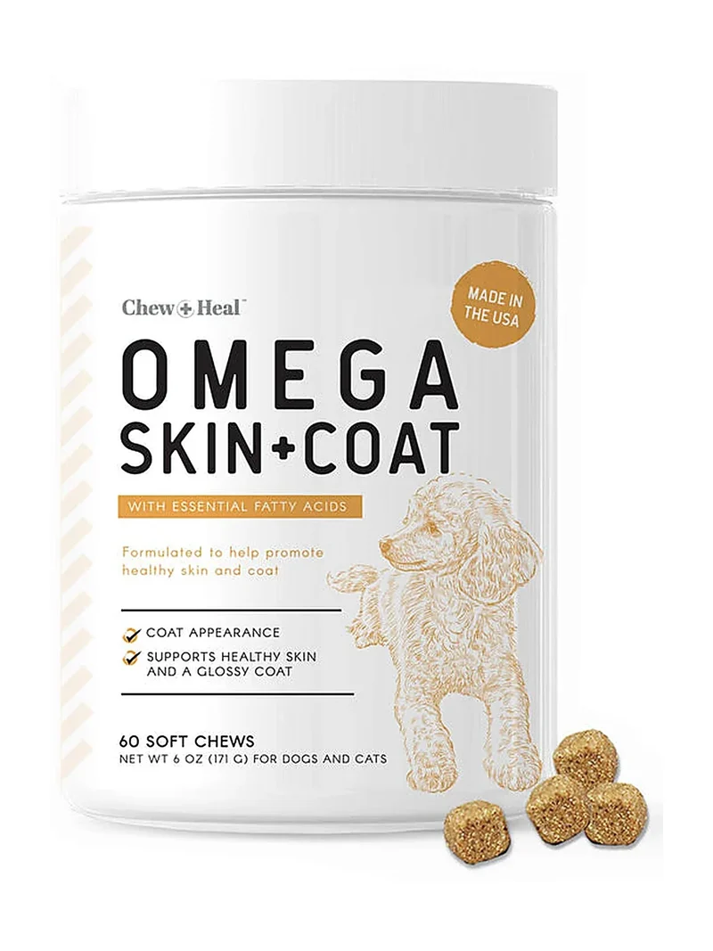 Chew + Heal Omega Skin + Coat Soft Chews For Dogs and Cats 60 Chews