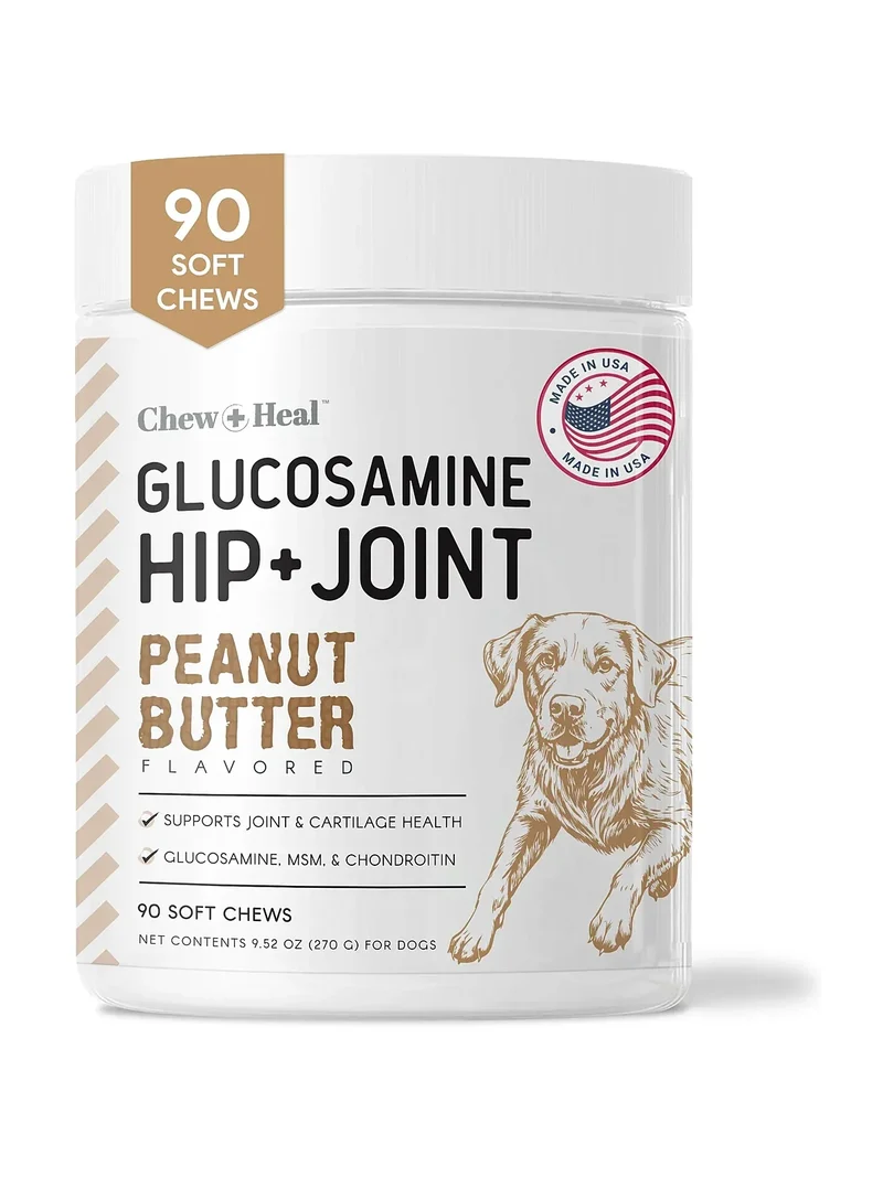 Chew + Heal Glucosamine Hip + Joint Peanut Butter Soft Chews For Dogs 90 Chews
