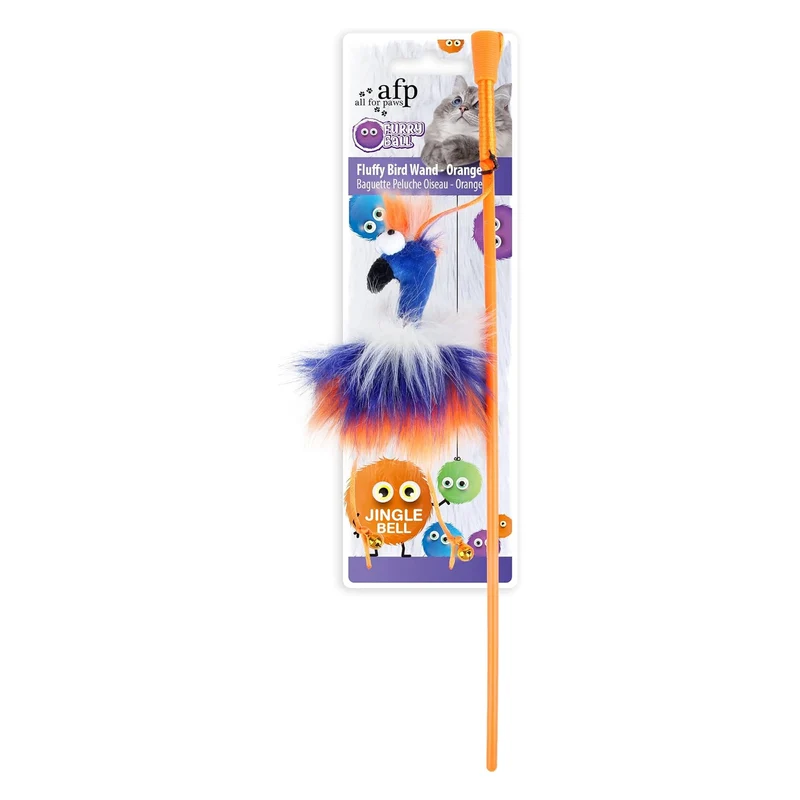 All For Paws Furry Ball Fluffy Bird Wand Catnip Teaser Cat Toy Orange 42.5x8x2.5cm