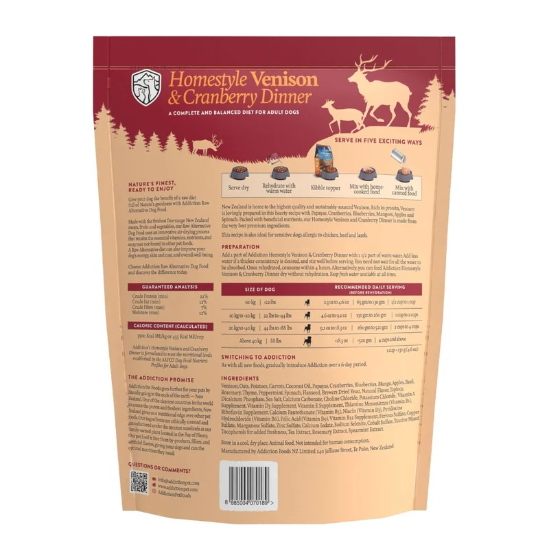 Addiction Homestyle Venison & Cranberry Dinner Air-Dried Dog Food 910G