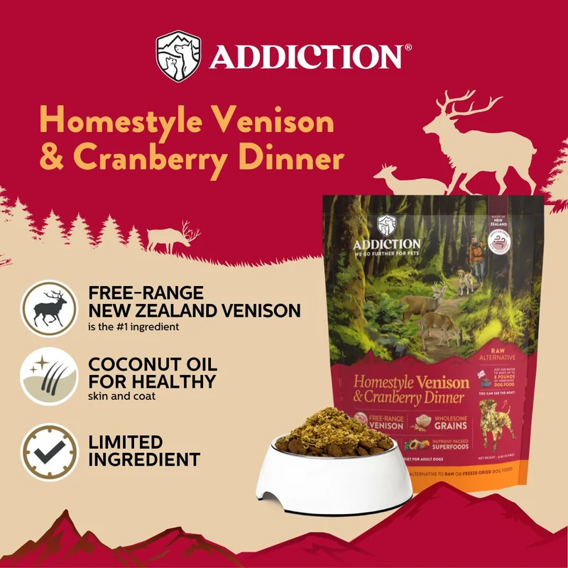 Addiction Homestyle Venison & Cranberry Dinner Air-Dried Dog Food 910G
