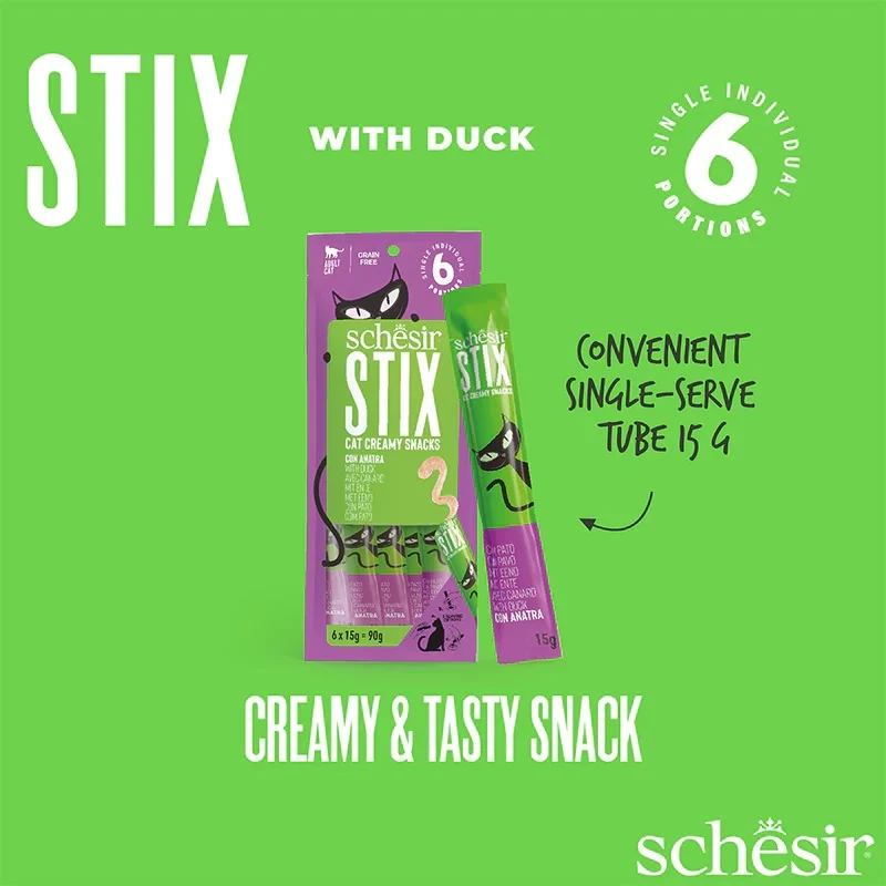 Schesir Stix Duck Cream Snack Adult Cat Treats 90G 6x15G