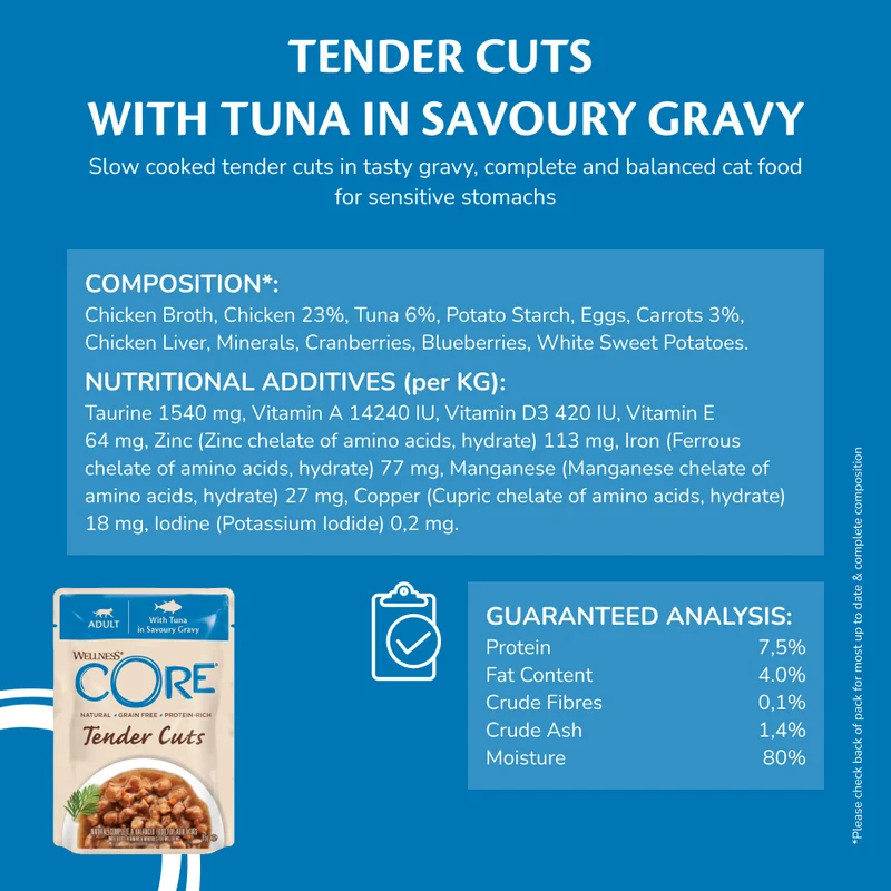 Wellness Core Tender Cuts Tuna in Savoury Gravy Adult Wet Cat Food 85G