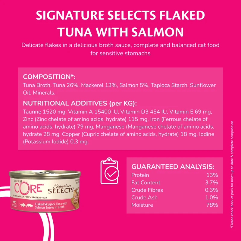 Wellness Core Signature Selects Flaked Skipjack Tuna & Salmon Entree in Broth Adult Wet Cat Food 79G