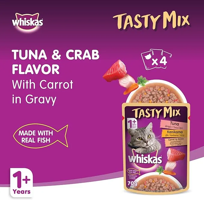 Whiskas Tasty Mix Tuna & Crab Wet Cat Food 1 Year+ 4x70G
