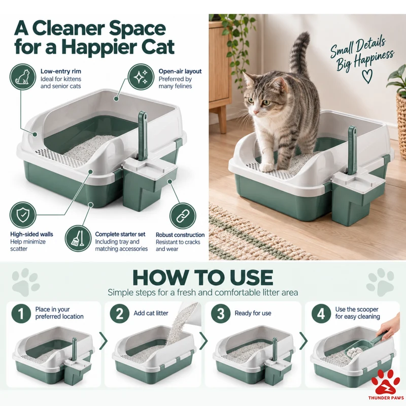 Thunder Paws Open Cat Litter Box With Cat Litter Scoop & Accessories Green 41.5x57.2x24.3cm