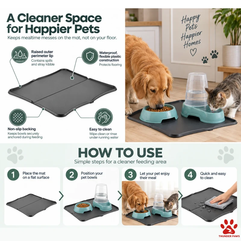 Thunder Paws Non-Slip Food & Water Bowl Feeding Mat For Dogs & Cats Black 56.5x48.4x1.2cm