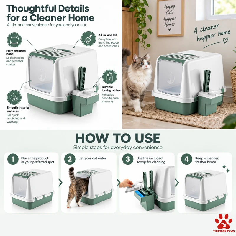 Thunder Paws Covered Cat Litter Box With Cat Litter Scoop & Accessories Green 41.5x57.2x42cm