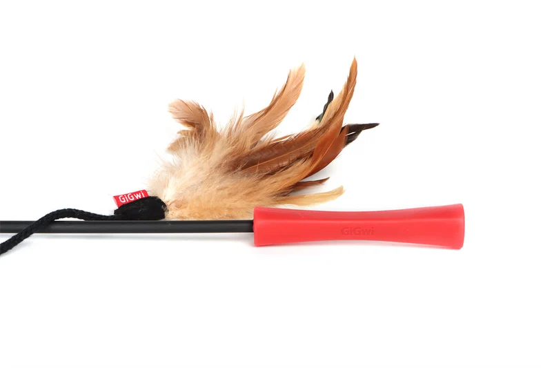 GiGwi Feather Teaser Wand with Natural Plush Tail & TPR Handle Cat Toy Red