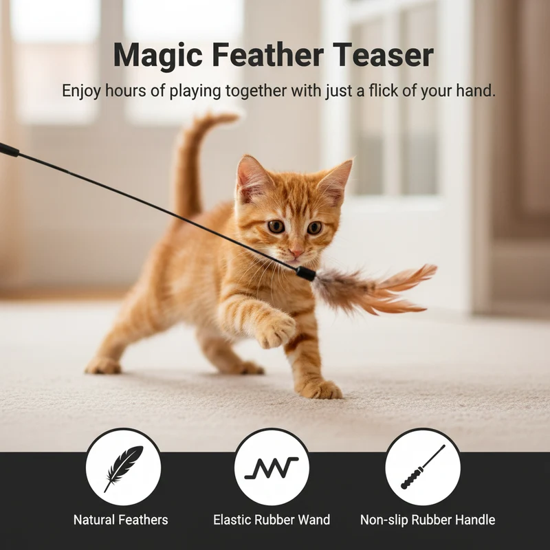 GiGwi Feather Teaser Wand with Natural Plush Tail & TPR Handle Cat Toy Red