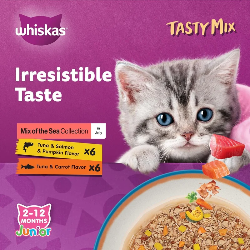 Whiskas Junior Kitten Tasty Mix of the Sea Collection in Jelly Wet Cat Food 12X70G