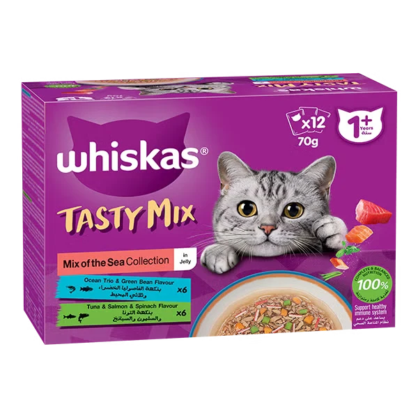 Whiskas 1+ Years Tasty Mix of the Sea Collection Adult Wet Cat Food in Jelly 12X70G