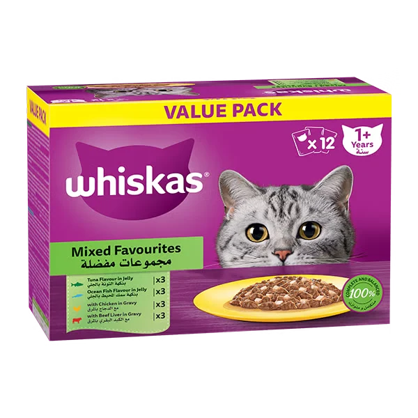 Whiskas 1+ Years Mixed Favourites Adult Wet Cat Food In Jelly 10+2 Multipack 12X80G