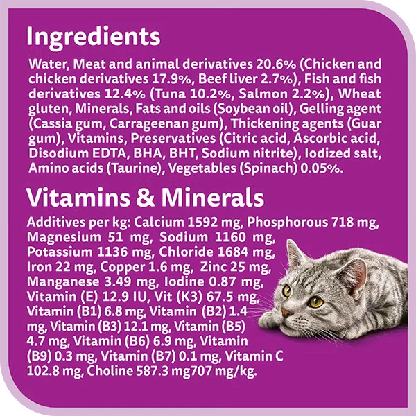 Whiskas 1+ Years Tasty Mix Tuna Salmon & Spinach Adult Wet Cat Food in Jelly 4X70G