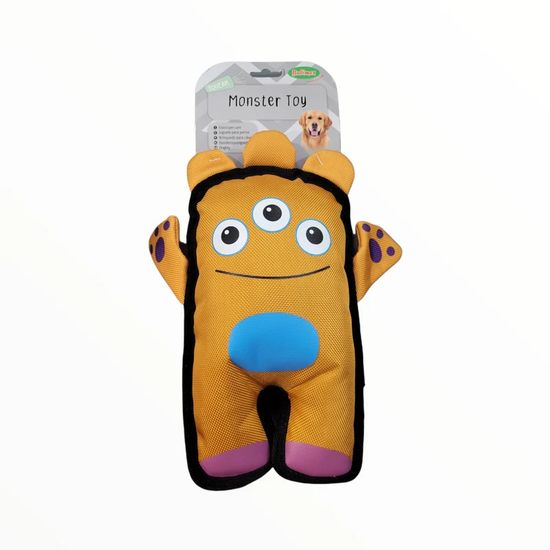 Monster Toy Yellow — Peluche Monstruo Resistente con Chirriador para Perros