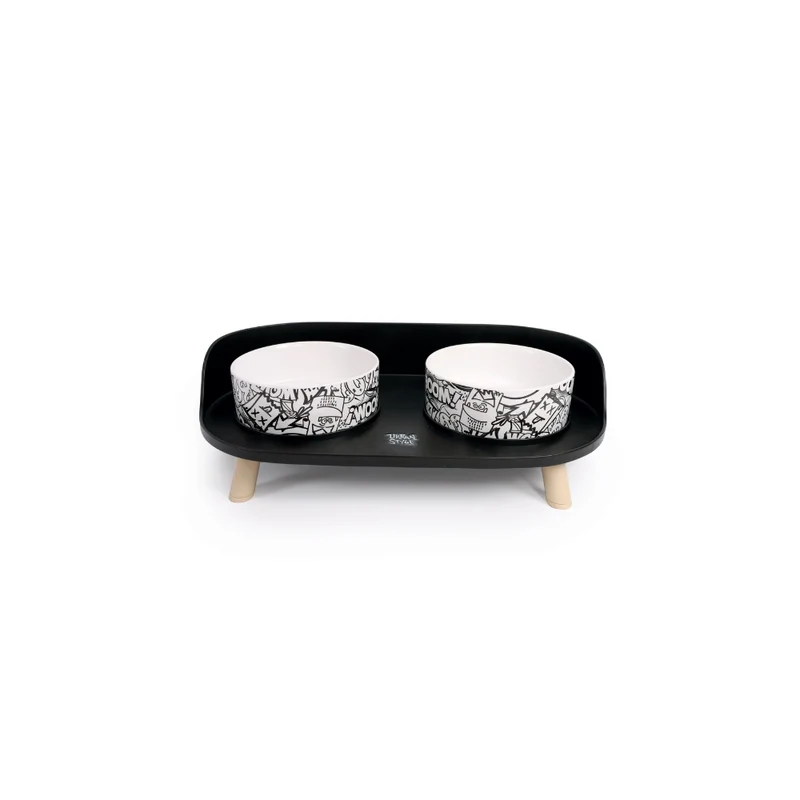 ALTITUDE URBAN STYLE Double Raised Pet Bowl Black&White