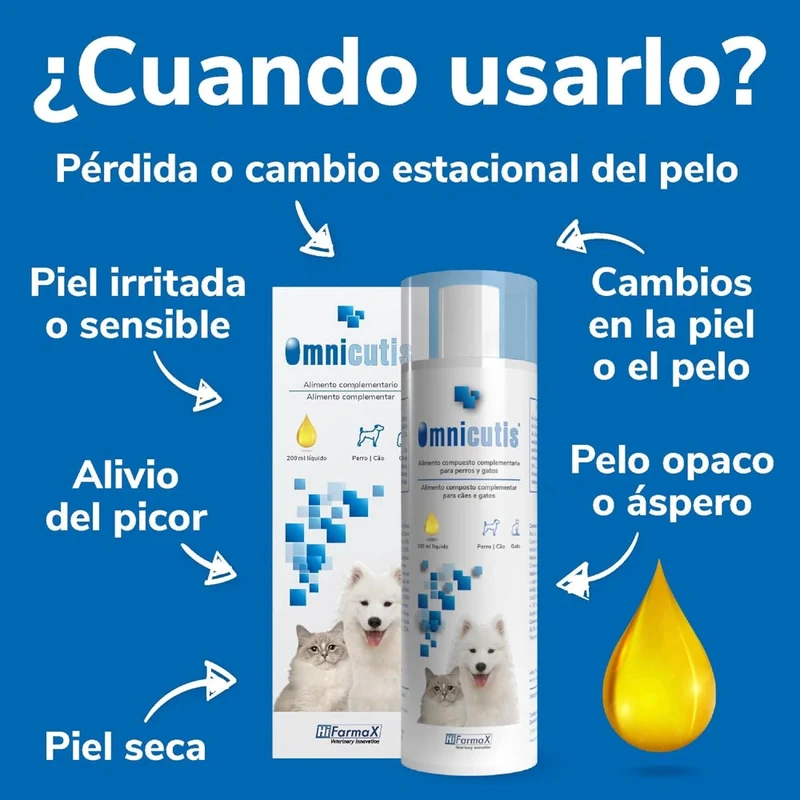 Omnicutis Líquido 200 ml Suplemento con Vitaminas, Zinc, Omega 3 y MSM para Perros y Gatos