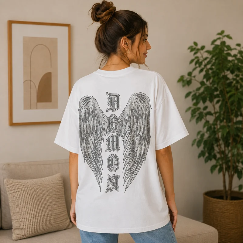 Camiseta Oversize Blanca Tigre & Alas con Strass