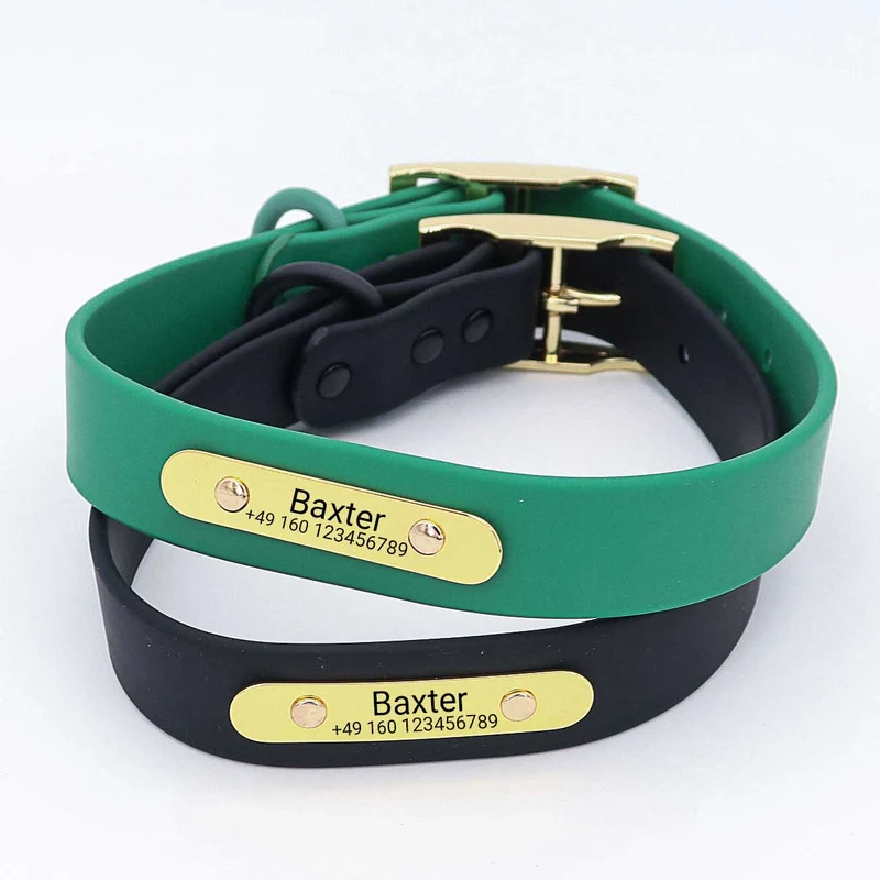 Wasserfestes Biothane Hundehalsband "Baxter" mit Gravur – Nombre y número de teléfono – Exterior – Verde o Negro – S, M, L