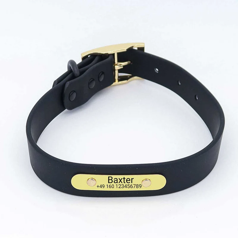 Wasserfestes Biothane Hundehalsband "Baxter" mit Gravur – Nombre y número de teléfono – Exterior – Verde o Negro – S, M, L