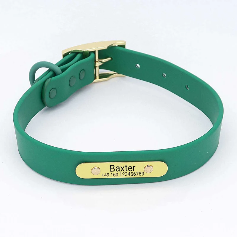 Wasserfestes Biothane Hundehalsband "Baxter" mit Gravur – Nombre y número de teléfono – Exterior – Verde o Negro – S, M, L