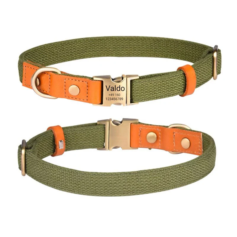 Hundehalsband "Valdo" mit Gravur – robustes PE-Gewebe & Leder – Messing matt – Marineblau, Hellblau oder Grün (S–L)