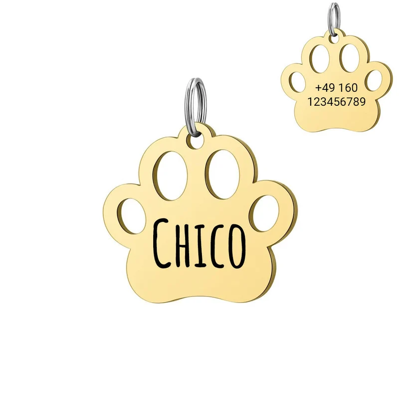 Personalisierte Hundemarke mit Gravur aus Edelstahl – Nombre y número de teléfono – 30 mm – Oro, Plata y Rosado