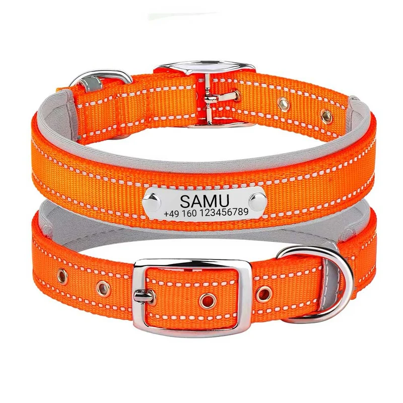 Graviertes Hundehalsband "Samu" mit Reflektor-Sicherheitsnähten. Personalización con nombre y teléfono