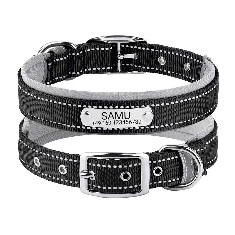 Graviertes Hundehalsband "Samu" mit Reflektor-Sicherheitsnähten. Personalización con nombre y teléfono