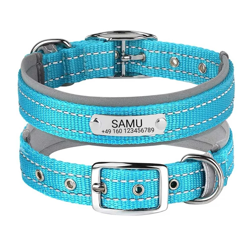 Graviertes Hundehalsband "Samu" mit Reflektor-Sicherheitsnähten. Personalización con nombre y teléfono