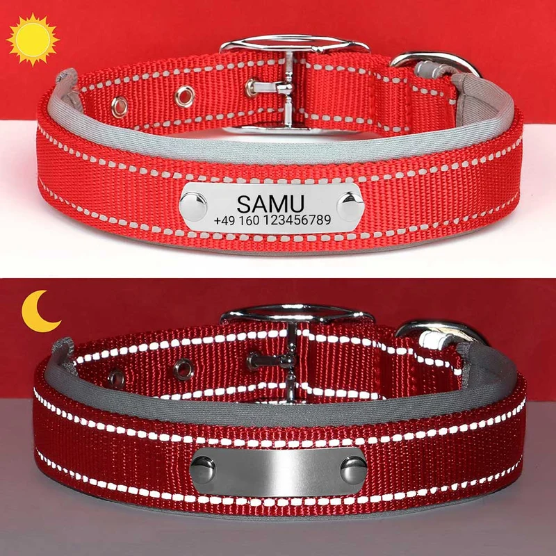 Graviertes Hundehalsband "Samu" mit Reflektor-Sicherheitsnähten. Personalización con nombre y teléfono