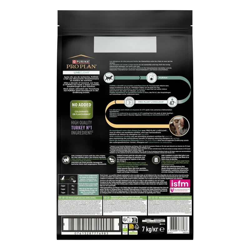 Pro Plan LiveClear Sterilised Adult Pavo Pienso Reduce Alérgenos sobre el Pelo del Gato
