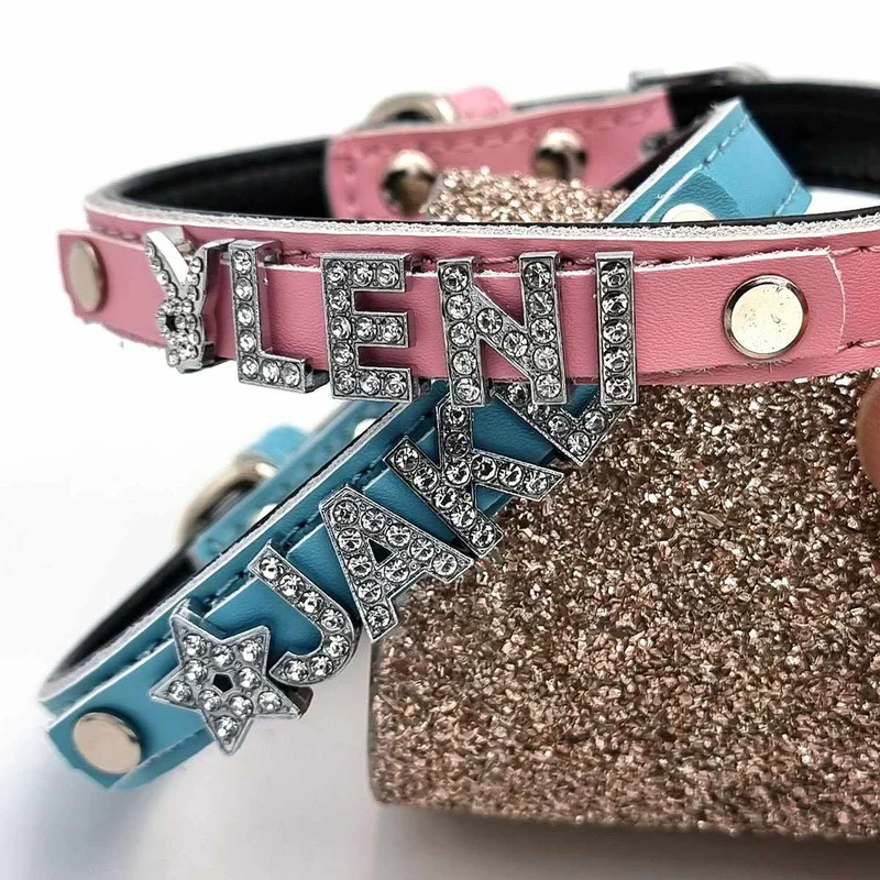 Edles Hundehalsband aus Leder personalisiert mit Glitzersteinen + Símbolo