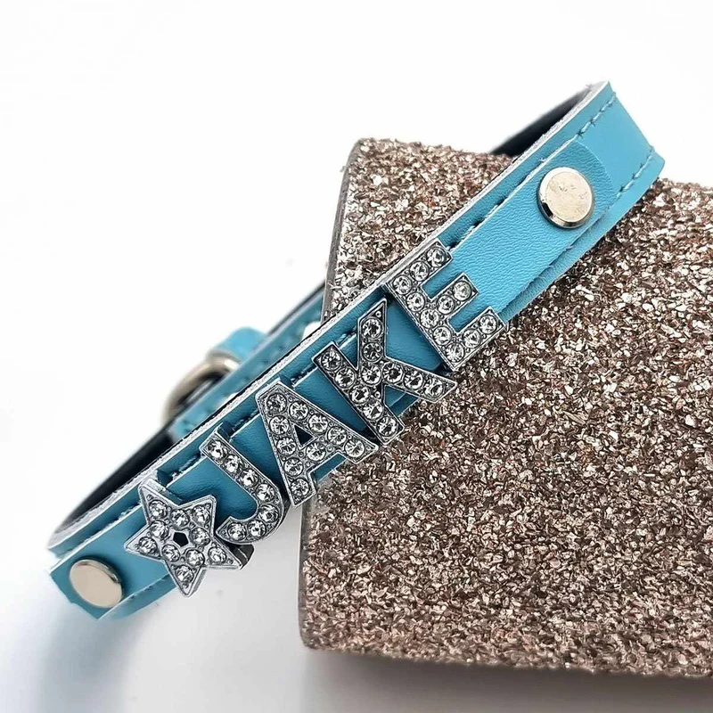Edles Hundehalsband aus Leder personalisiert mit Glitzersteinen + Símbolo