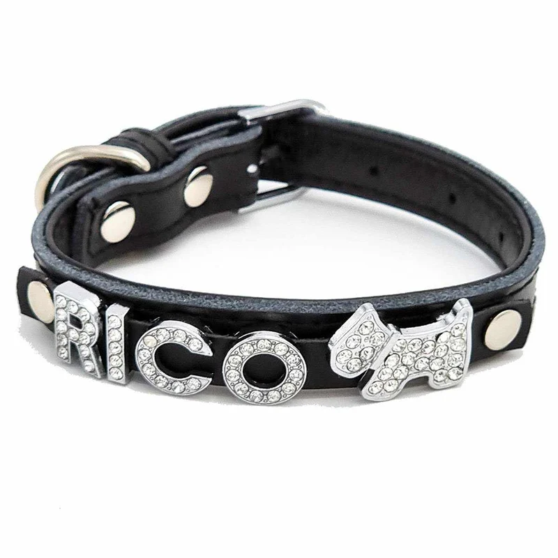 Edles Hundehalsband aus Leder personalisiert mit Glitzersteinen + Símbolo