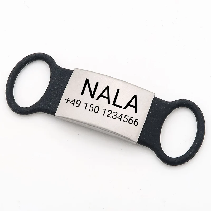 Klapperfreie Hundemarke Silikonslider mit Edelstahl-Schild für Halsbänder inkl. Gravur GRATIS
