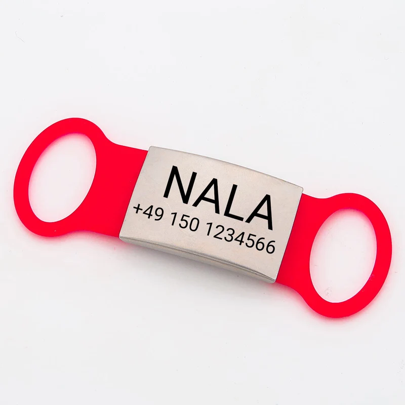 Klapperfreie Hundemarke Silikonslider mit Edelstahl-Schild für Halsbänder inkl. Gravur GRATIS