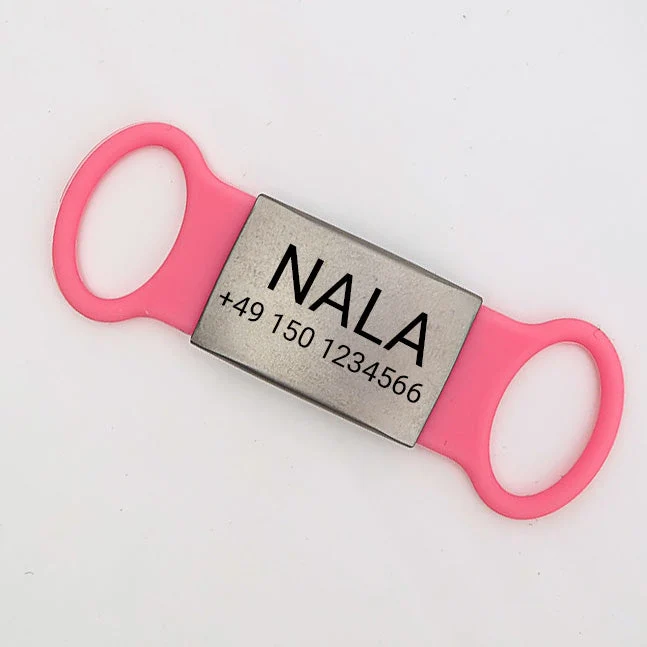 Klapperfreie Hundemarke Silikonslider mit Edelstahl-Schild für Halsbänder inkl. Gravur GRATIS