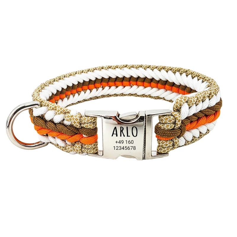 Arlo – Handgefertigtes Paracord Hundehalsband mit Gravur | Naranja-Braun-Weiß-Beige