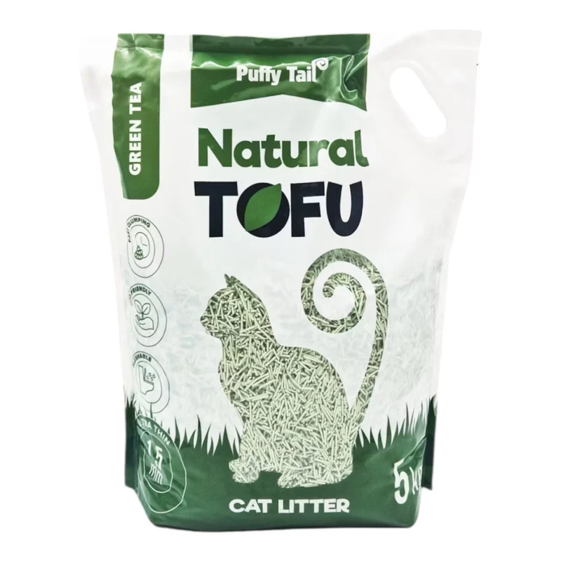 Puffy Tail Pellets Tofu Té Verde 5kg para Gatos — Arena Aglomerante Ecológica