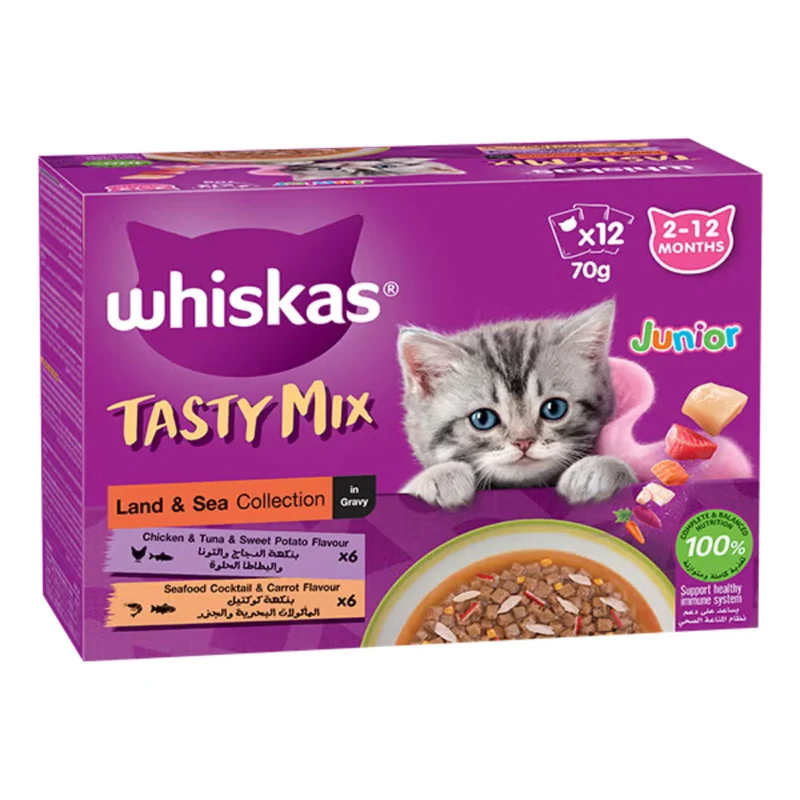 Whiskas Junior Kitten Tasty Mix Land & Sea Collection Wet Cat Food in Gravy 12X70G