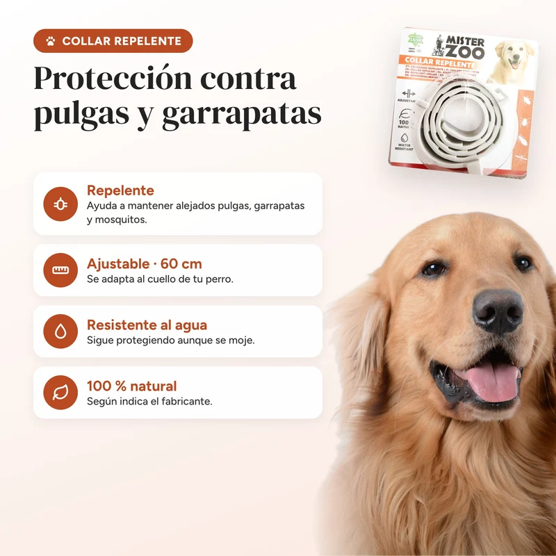 Collar antiparasitario natural para perros 60 cm · Repelente pulgas y garrapatas
