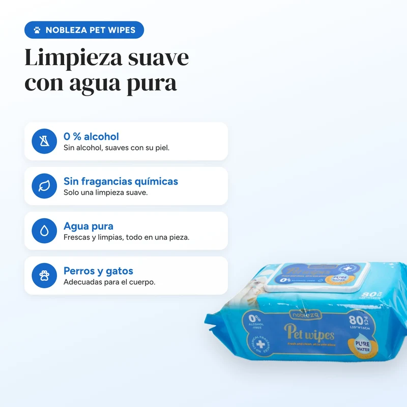Toallitas húmedas para perros y gatos sin perfume · Agua pura 80 uds Nobleza