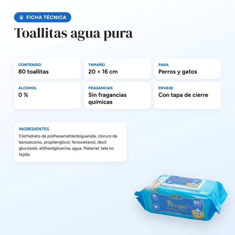 Toallitas húmedas para perros y gatos sin perfume · Agua pura 80 uds Nobleza