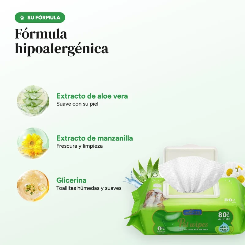 Toallitas húmedas para perros y gatos con aloe vera · 80 uds Nobleza