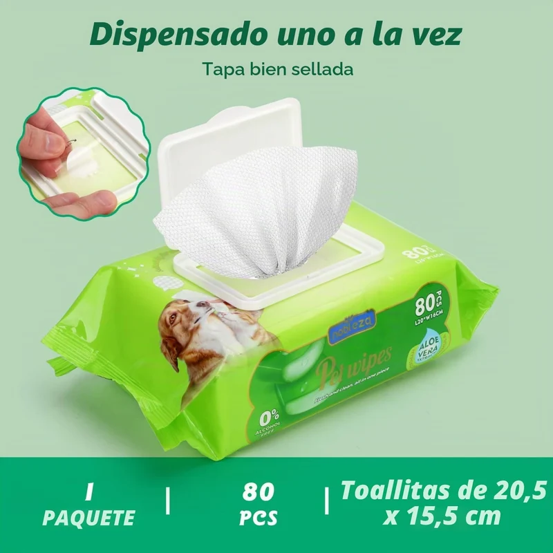 Toallitas húmedas para perros y gatos con aloe vera · 80 uds Nobleza