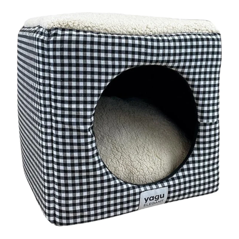 Cubo Vichy Negro para Mascotas — Cama Cubo Moderna y Cómoda
